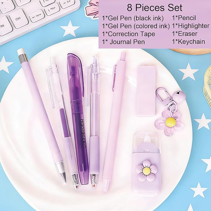 MOZXIRZ 8 Pcs Cute Purple Stationery Set for Girls Boys Women Back to School Supplies Office Supplies Kawaii Candy Colors Stationery Gift Including Pen Pencil Highlighter Eraser (Purple)