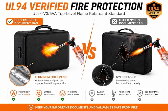 Fireproof Document Box with Lock, 8-Layer Waterproof Fire Resistant Safe Box, Upgraded Heat Insulated Storage Box, Portable Home Travel Organizer for Files, Certificates & Valuables - Black（Soft）
