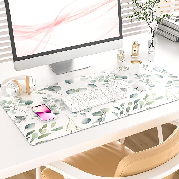 Colorful Star Large Mouse Pad, PU Leather Waterproof Desk Mat, Computer Gaming Mouse Pad, XXL Full Table Mousepad Non Slip Desk Pad for School Office Home 31.5" x 15.7" - Fresh Eucalyptus Leaves