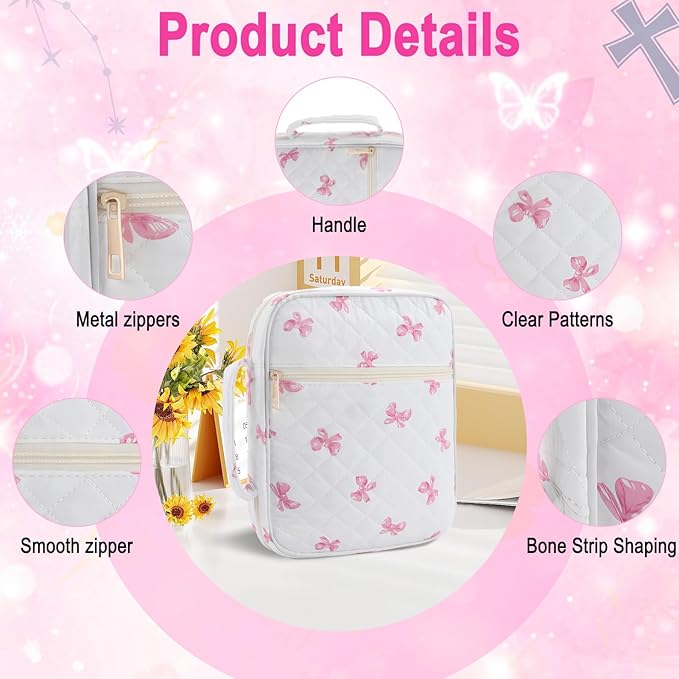 Zkptops Bible Cover Case for Women Girls Large Bible Bag Cotton Quilted Bible Carrying Case with Zipper Pocket and Handle Pink Bow Christian Carrying Book Cover for Christian Study Supplies Gift