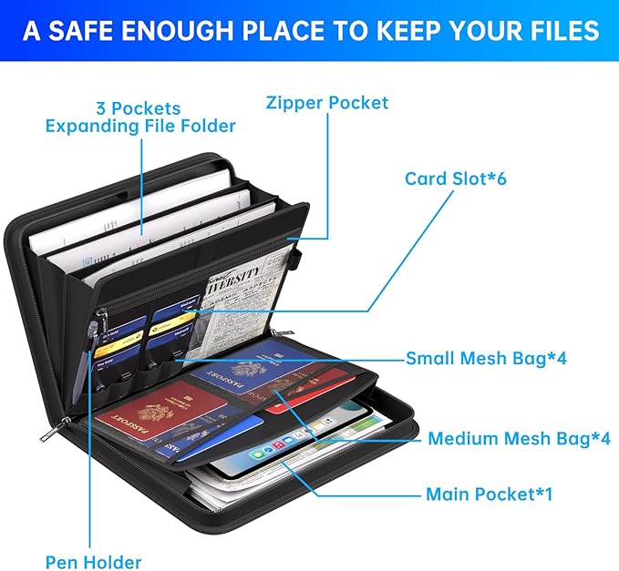 ENGPOW Document Organizer Folder, Fireproof Expanding File Folder with Multi Pockets, 3 Pockets File Organizer with Handle, Portable Home Travel Safe Storage for Important Documents, Passport, Laptop