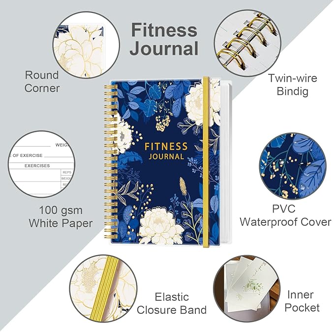 Fitness Journal for Women & Men,A5 Workout Journal/Planner Daily Exercise Log Book to Weight Loss, Gym, Muscle Gain, Bodybuilding Progress, 5.8"x8.3", Blue Leaf Flower