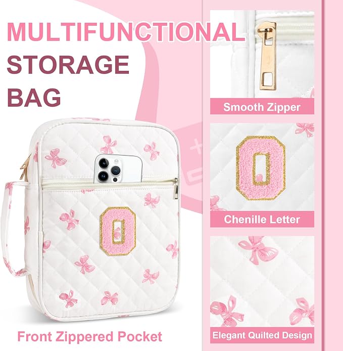 Personalized Initial Bible Cover Case for Women Girls Kid - Large Quilted Bible Case with Handle,Chenille Letter Bag Study Supplies,Christmas Gifts for Christians Birthday Graduation(Pink Bow-O)