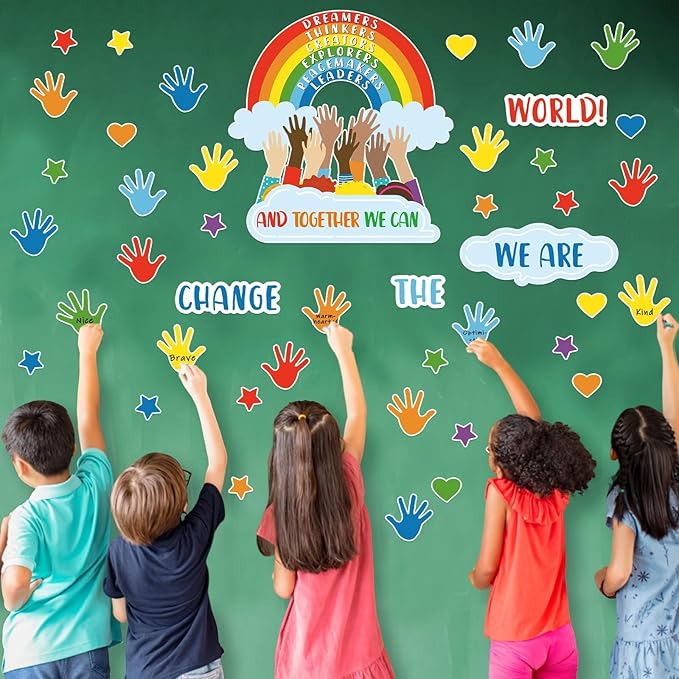 118 Pcs One World Together Classroom Decorations Positive Rainbow Cutouts Motivational Bulletin Board Set Inspirational Classroom Wall Chalkboard Door Decor for Back to School Teacher Supplies