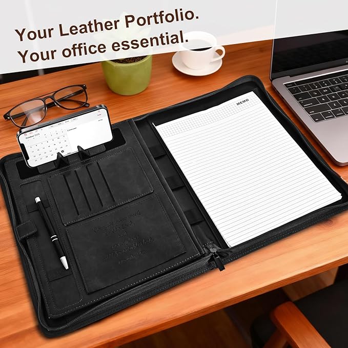 Leather Portfolio for Men, Christian Religious Gifts for Men with Laptop Pocket, Padfolio Binder Folder with Zipper for Women, Business Large Organizer Case for Bible Notebook Notepad Phone (Black)