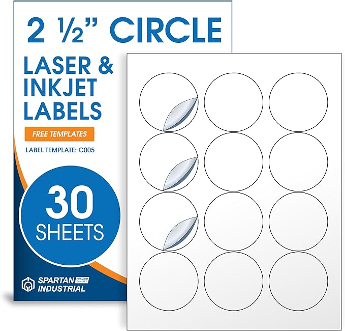 2.5" Printable Round Labels for Laser and Inkjet Printers - 360 Blank Labels, 30 Sheets for Business Logos, Thank You Stickers, Price Tags, QR Codes - Spartan Industrial Template C005