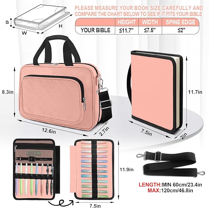 Pink Large Bible Cover Case for Women, Bible Study Supplies Bible Journaling Kit Book Carrying Case Church Bag with Shoulder Strap Handle Zipper Pocket, Christian Gifts