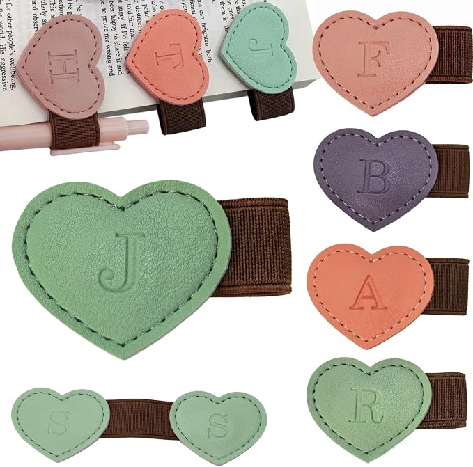 Personalized Magnetic Leather Heart Bookmark with Pen Holder - 26 Letters Custom Book Mark Notebook Pencil Loop with Initial Book Marker for Readers, Book Lovers- Gifts for Women Men(Green,J)
