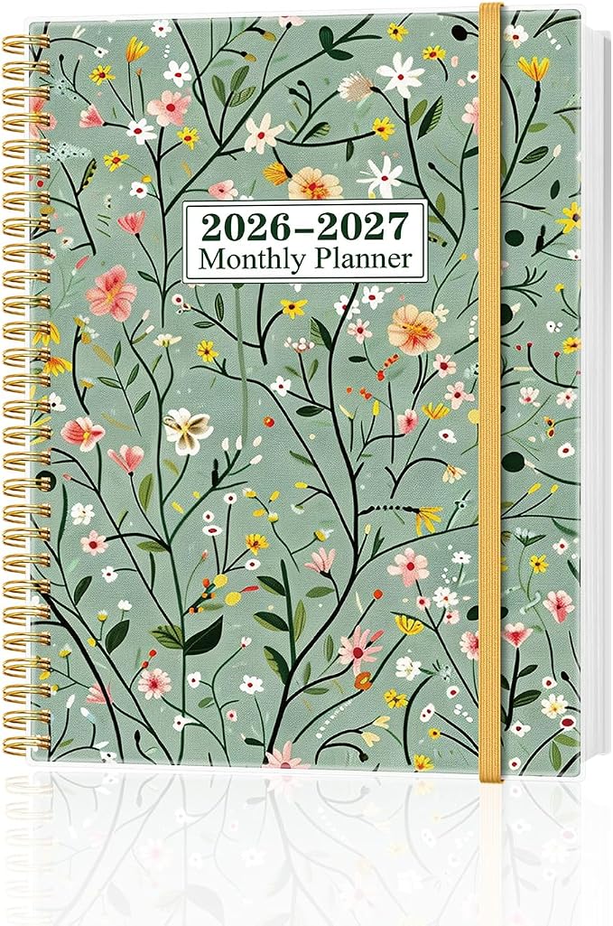 Monthly Planner 2026-2027 – Monthly Calendar from July 2026 to December 2027, 18 Month Planner with Spiral Binding, Inner Pocket, Elastic Closure, 8.5" x 11", Flower-B