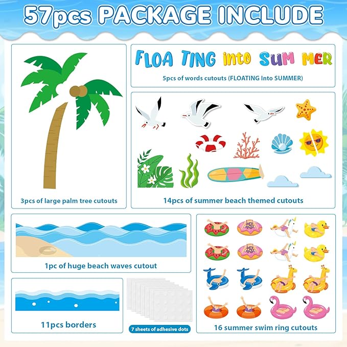 Summer Bulletin Board Classroom Decorations Floating into Summer Paper Cutouts Swim Ring DIY Photo Craft Set Hawaiian Theme Tropical Bulletin Board Borders for Back to School Office Teacher Supplies