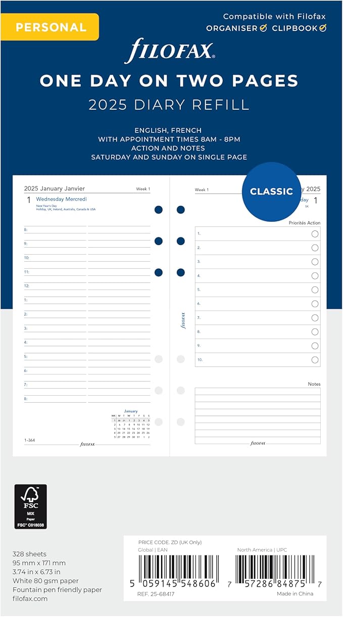 Filofax Calendar Diary Refill, Personal/Compact Size, Day on Two Pages with Appointments, White Paper, Bilingual, 2025 (C68417-25)