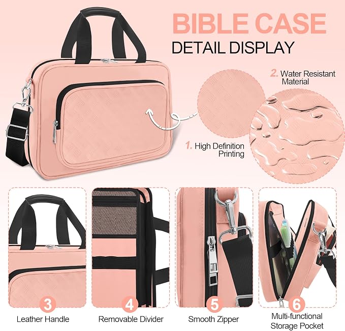 Bible Cover,Pink Large Bible Bag for Women, Study Supplies Journaling Kit Book Carrying Case with Bible Highlighters Shoulder Strap Christian Gifts