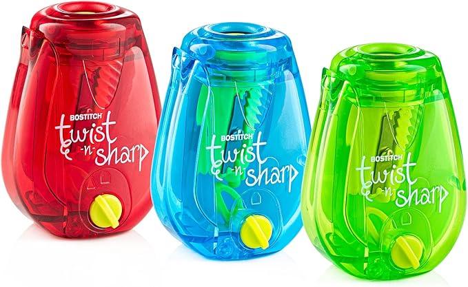 Bostitch Office Pencil Sharpener, Manual, Twist-n-Sharp with Shavings Tray, Kids, Boys, Girls, Colored Pencils, 3-Pack, Lime Green, Blue and Red