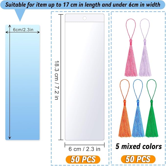 50 Pieces Bookmark Sleeves with 50 Pieces Bookmarks Tassels 7.2×2.3 Inches Plastic Bookmark Sleeves for Bookmarks Photos Markers