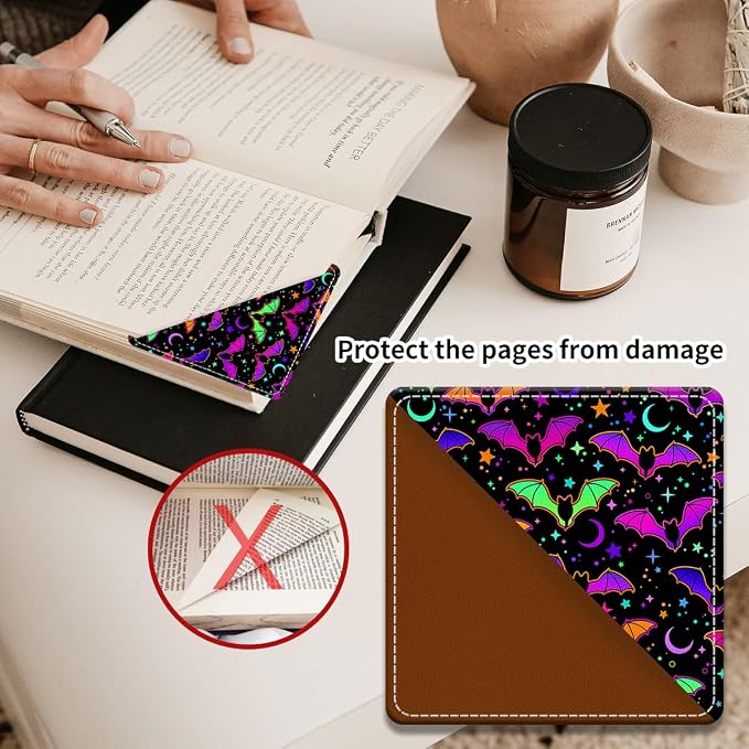 Cute Leather Bookmarks, Fun Triangle Making Corner Bookmark, Book Accessories for Reading Book Lovers, Unbreakable Page Markers for Women Men Cute Colorful Bats