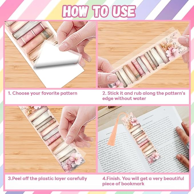 Peacoblue 30pcs UV DTF Bookmarks Transfer Stickers Wraps Pink Retro Flowers for Women Men Reading, Waterproof Bookmarkers Decal(No Blank Bookmarks) for Acrylic Plastic Metal Blank Bookmark