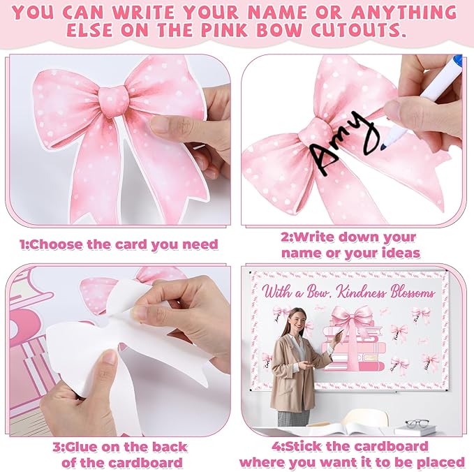 Pink Bow Bulletin Board Set Motivational Kindness Classroom Bulletin Board Decorations Bow Reading Book Cutouts Border Classroom Decorations for Back to School Office Home Chalkboard Decor Wall Door