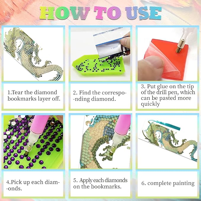 6Pcs Dragon 5D Diamond Art Bookmarks Multicolor Cartoon Animal Diamond DIY Painting Bookmarks Rhinestones Beaded Acrylic Tassel Bookmark for Adult Beginner Crafts