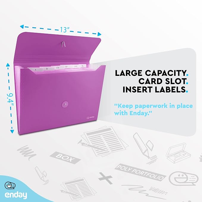 Accordion File Organizer Purple, 7 Pocket Expanding File and Cover Folder with Labels, Plastic Portable Desktop Letter A4 Paper, Also Available in Red, Green, Pink, Blue, Grey, 1 Pc – By Enday
