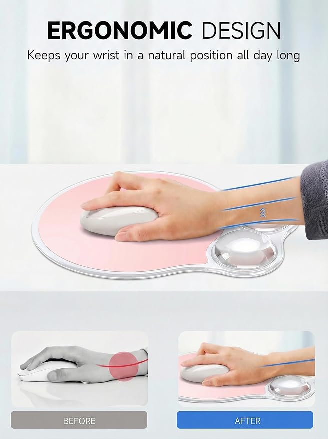 Ergonomic Gel Mouse Pad Wrist Rest Support for Desk, PU Base, Smooth Surface, Crystal Gel Cushion, Non-Slip Stability, Mousepad for Office/Home/Study Pink AMP-02