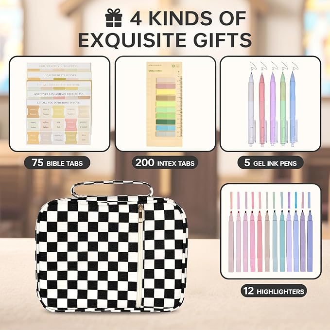 Bible Cover Case for Women Corduroy Bible Case for Girls Checkered Large Bible Cover with Handle Bible Study Supplies Accessories Christian Gifts for Women (Black, Medium)