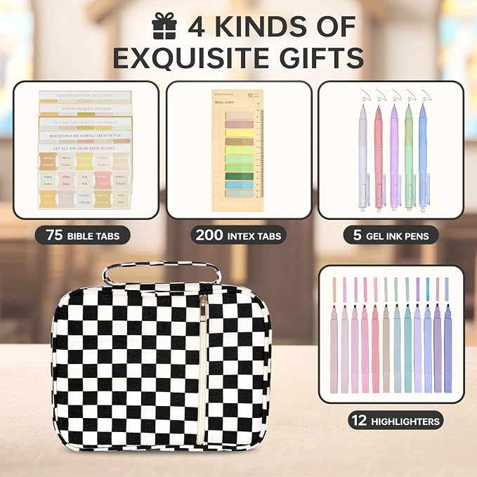 Bible Cover Case for Women Corduroy Bible Case for Girls Checkered Large Bible Cover with Handle Bible Study Supplies Accessories Christian Gifts for Women (Black, Medium)