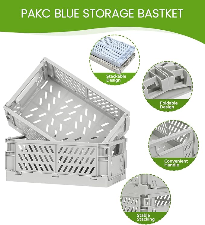 HUUSMOT 2-Pack Small Pastel Plastic Storage Baskets, Collapsible Crates for Organizing, Space-Saving Mini Bins for Classroom, Kitchen, Office, Bedroom (Grey, 9.8" x 6.5" x 3.8")