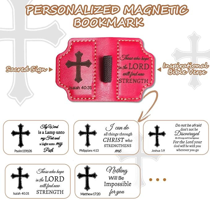 Bygone Mark Personalized Magnetic Leather Bookmark with Pen Holder,Inspirational Bible Verse Religious Bookmarks,Christian Book Lovers Reading Accessory for Men Women (RED, lsaiah 40:31)