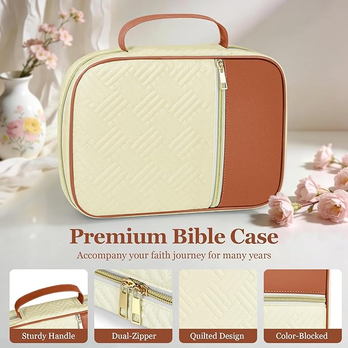 Ndsox Bible Cover Case with Handle for Women, Quilted Fabric & Vegan Leather Carrying Book Case Church Bag Bible Study Supplies Accessories Christian Gifts for Mother Lady Women Men, Brown & Apricot