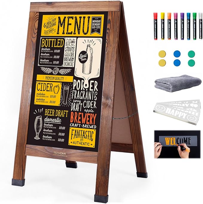 Wood Magnetic A-Frame Chalkboard Signs, 40" x 20" Large Sandwich Board Signs Outdoor, Double-Sided Sidewalk Blackboard for Business, Wedding, Vendor Display, Coffee Shope - Brown