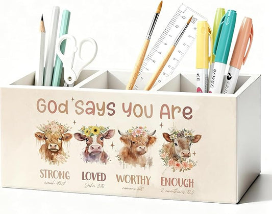 Highland Cow Christian Pen Pencil Holder for Desk, Christian Gifts for Women, God Says You Are Bible Verse Western Highland Cow Wooden Box Sign Decorations for Home Office Desk Tabletop