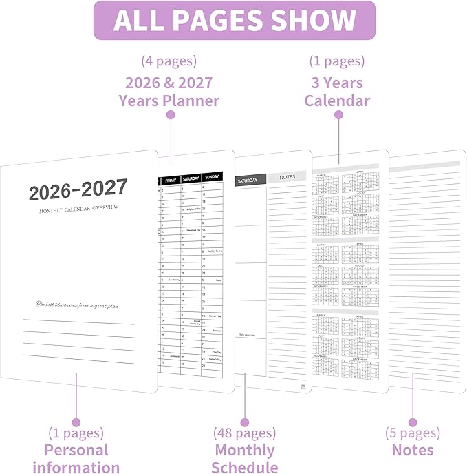 Monthly Planner 2026-2027, 2026 Calendar 24 Months Planner, Jan 2026 - Dec 2027, 8.6" x 11", Academic Calendar Hard PVC Cover with Spiral Bound, Perfect for School & Office for Women & Men