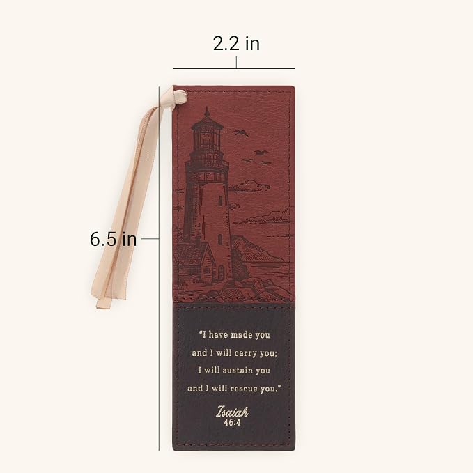 Christian Art Gifts Premium Vegan Leather Inspirational Scripture Bookmark for Men & Women: I Will Carry You Encouraging Bible Verse, Heat-Debossed, Satin Ribbon, Lighthouse Ocean Theme, Brown & Gold