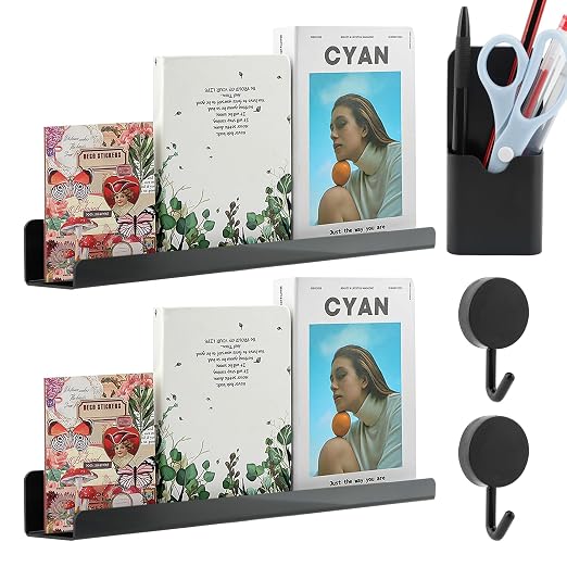 2 Pcs Magnetic Book Shelf for Whiteboard, Magnetic Book Holder File Rack with a Pen Container and Two Hook Acrylic Book Shelves Metal Floating Book Display Shelf for Teacher Kids Room Office
