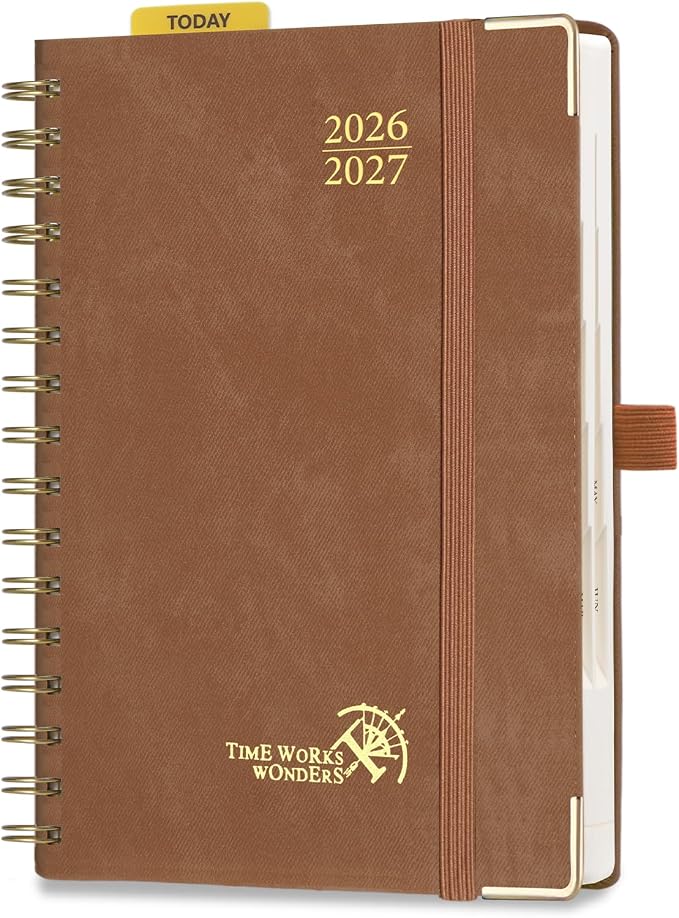 POPRUN Daily Planner 2026-2027 One Page Per Day (6" x 8.5"), 12 Months Hourly Appointment Book (July 26-June 27) Academic Planner Calendar Book with Inner Pocket, Spiral Hardcover - Brown