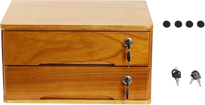 Lockable Desk Organizer Wooden Desktop Drawers Office Flat Files Storage Box Locking Countertop Storage Cabinet (Wood Yellow, 2-Tier)