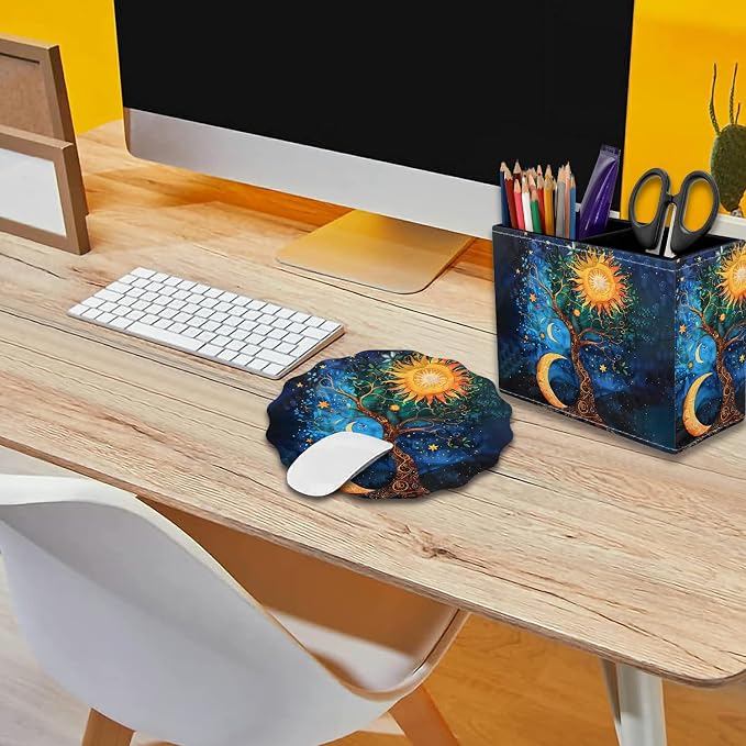 Pen Holder for Desk, PU Leather Multifunctional Desktop Storage Box and Anti-Slip Mouse Pad Set, Makeup Brush Holder Pen Organizer for Office and Home - Sun Moon Stars