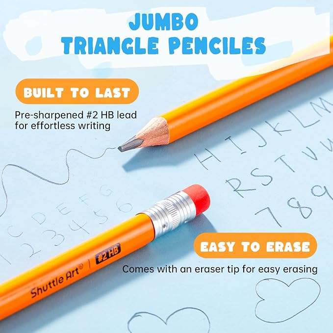 Shuttle Art Jumbo Pencils - 18 Pack Triangle Pre sharpened Pencils #2 HB with Top Erasers & Sharpener, for kids Ages 4-8, Kindergarten School Supplies, Ideal for Home, Classroom