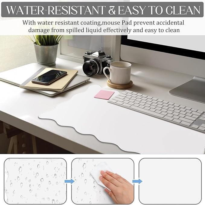 Hahafelt Scalloped Desk Mat Large Desk Pad Cute Coquette Table Mat Back to School Preppy Table Make up Pad Nonslip Graduation Gift with Stitching Waterproof Gaming(White,23.6 x 13.8 Inches)
