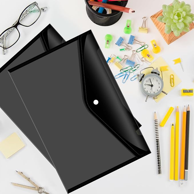 24pcs Plastic Filing Envelopes with Snap Button Closure ，Clear Document Folders for Letter A4 Size Files ，Poly Folders，for School and Office Supplies（Black）