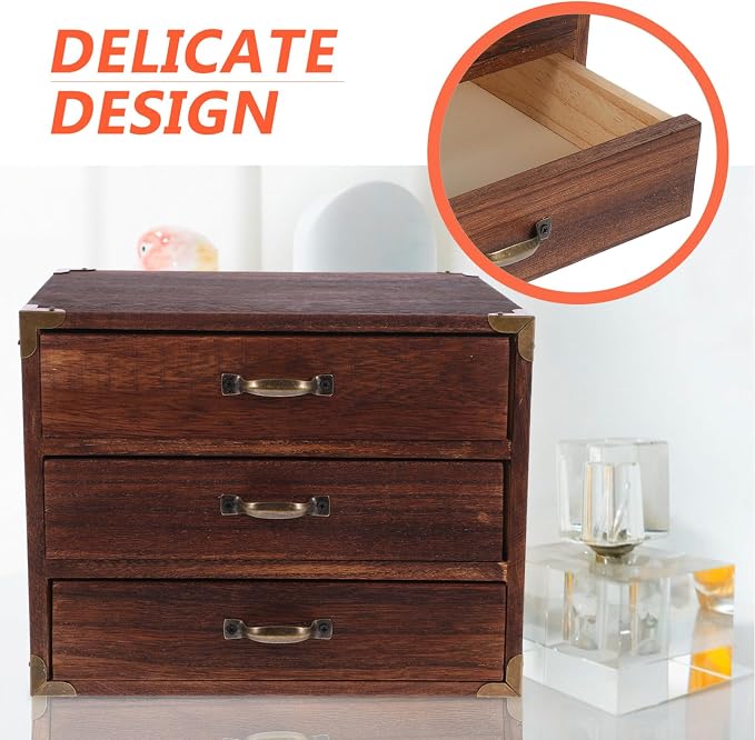 Alipis Wooden Desk Organizer, Wood Desktop Storage Cabinet Desk Drawer Organizer Vintage Treasure Box with Metal Handle for Home Office Counter Decor B