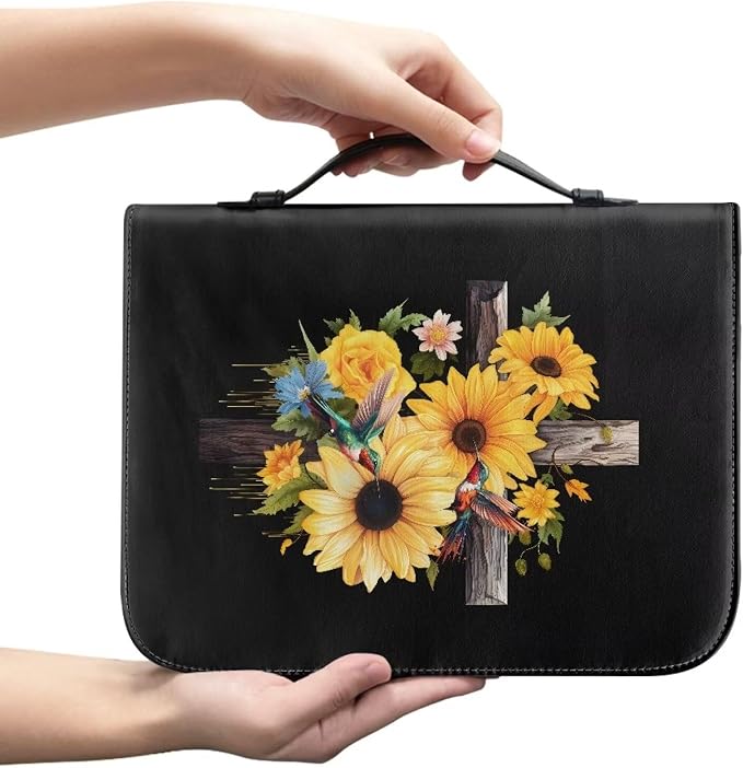 Bird Flower Cross Bible Covers for Women Bible Holder Case Large Size with Handle Waterproof Bible Protector PU Leather Bible Organizer Bag for Men