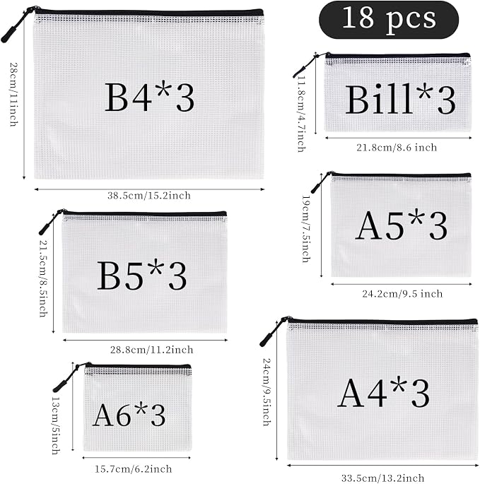 MultiBey 18 Pack Mesh Zipper Bags, 6 Sizes Black Waterproof Organizer Pouches for Puzzles, Travel, Office and School Supplies