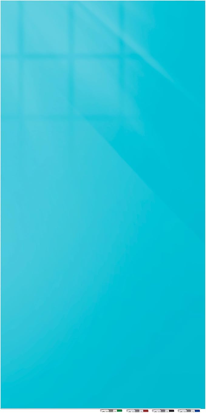 Aria 3'H x 2'W Low Profile 1/4" Glass Whiteboard - Vertical Blue - 4 Markers and Eraser