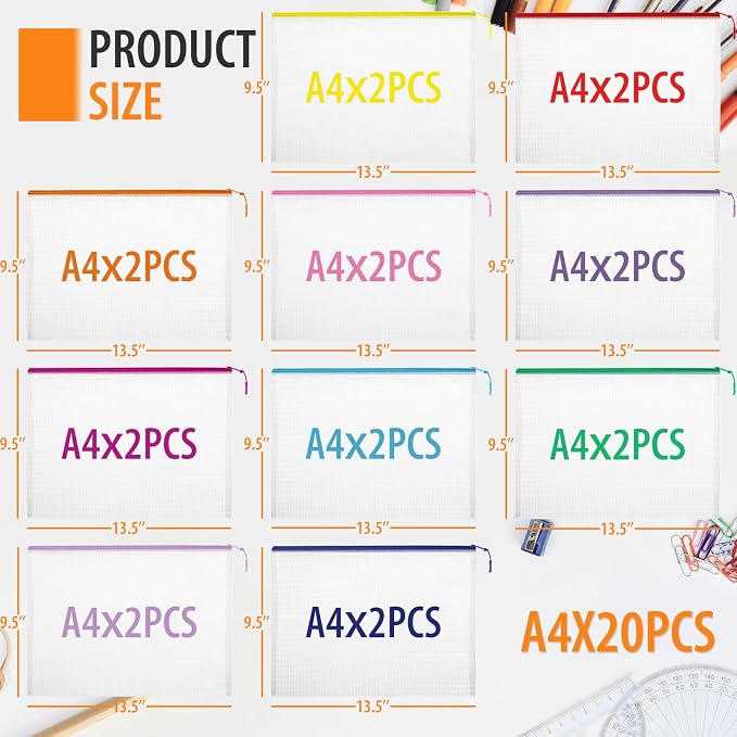 YOPCDJ 20PCS Mesh Zipper Pouch Bags File Storage Bags, A4 11x9 Inches Reusable Clear Zipper Pouches for Travel and Classroom Board Game Organization