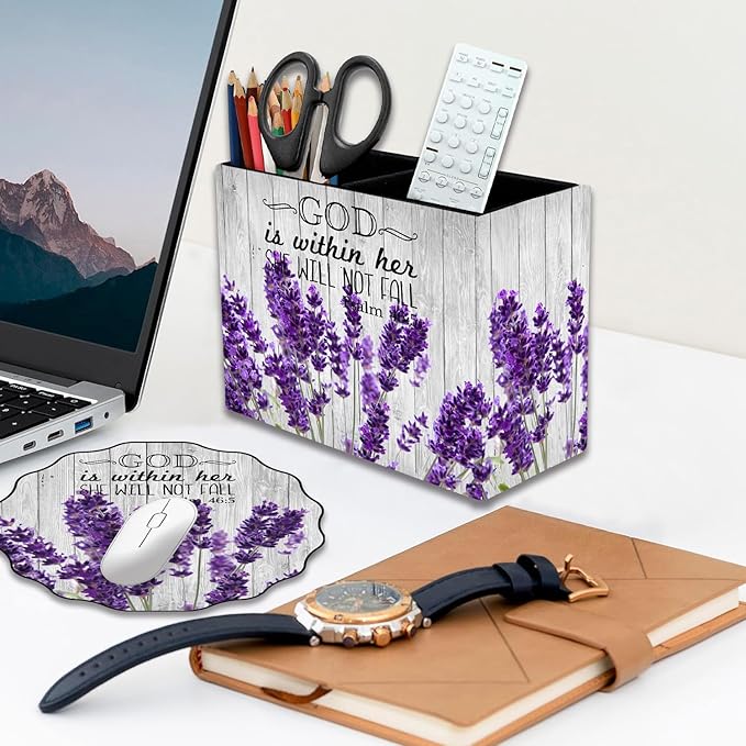 Pen Holder and Anti-Slip Mouse Pad Combination, Makeup Brush Storage Box, Tableware Storage Box, Suitable for Office and Home - Lavender Psalm 46:5