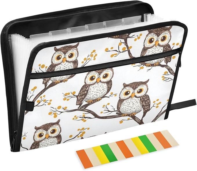 Branch Owl File Folders, Plastic Folders with 13 Pockets, Expandable File Folder for Documents School Students Office, Aesthetic Folder with Labels A4 Letter Size