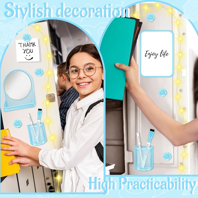 8 Pcs Blue Locker Accessories Kit Blue Magnetic Mirror, Magnetic Pen Holders, Cute Flower Magnets, Locker Organizer Supplies Back to School Stuff Gift Locker Accessories for Girls
