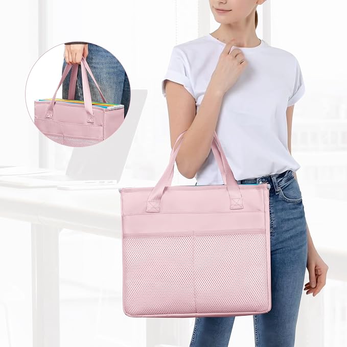 File Folder Tote Bag with Handle, Portable Document Organizer Box for Letter Size File Folder, Folding File Case for Home Office, Pink