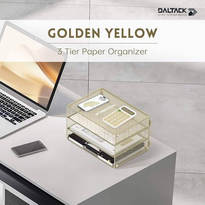 DALTACK 3 Tier Letter Tray Paper Organizer for Desk, Mesh Metal Desk File Organizer with Sliding Trays for Letter/A4 Paper, Mail, Bills & Folders, Yellow